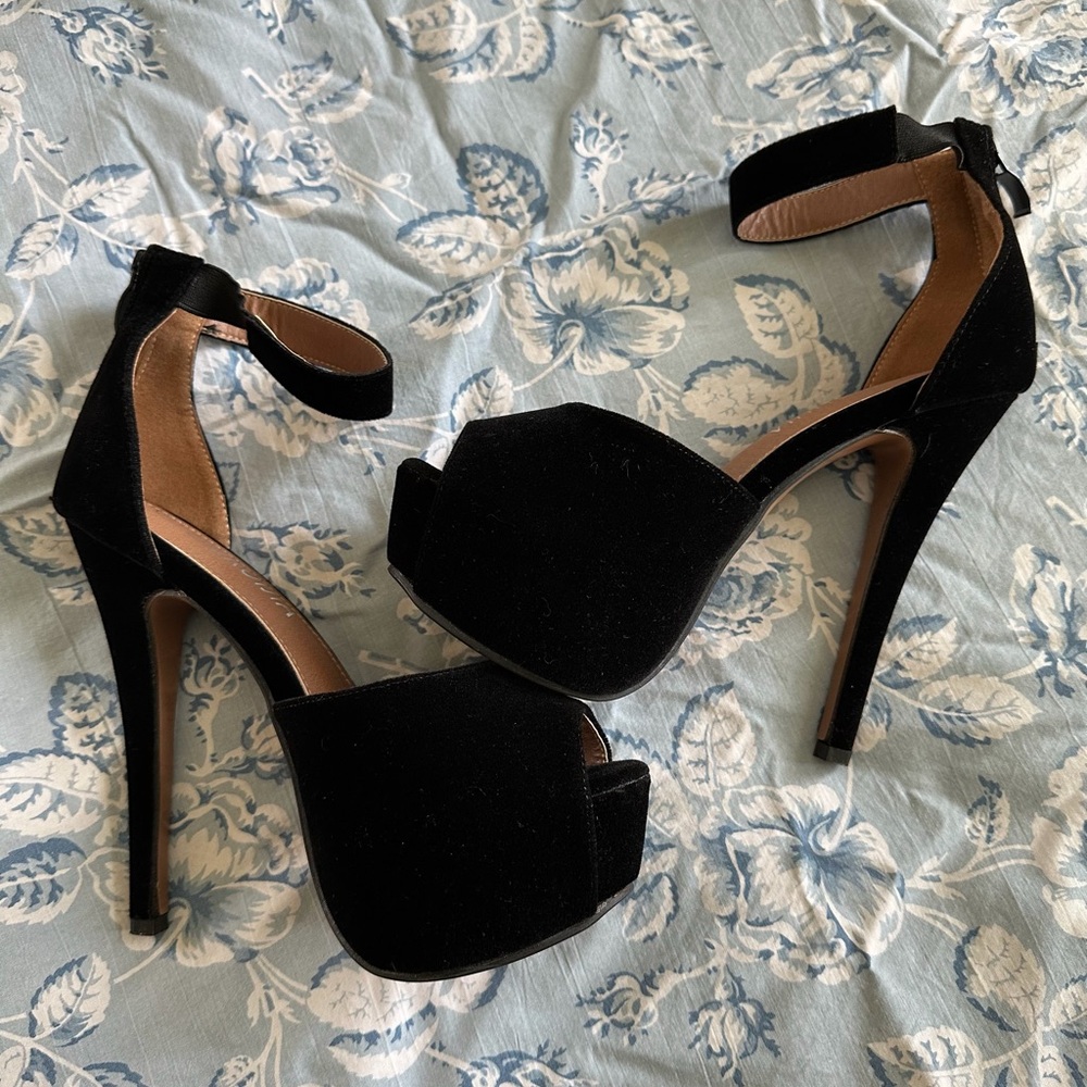 Velvet Stiletto Platform Peek a Boo Heels with Ankle Strap